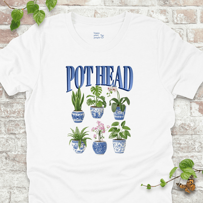 Pot Head T-Shirt in white with houseplants in chinoiserie pots and bold blue text.