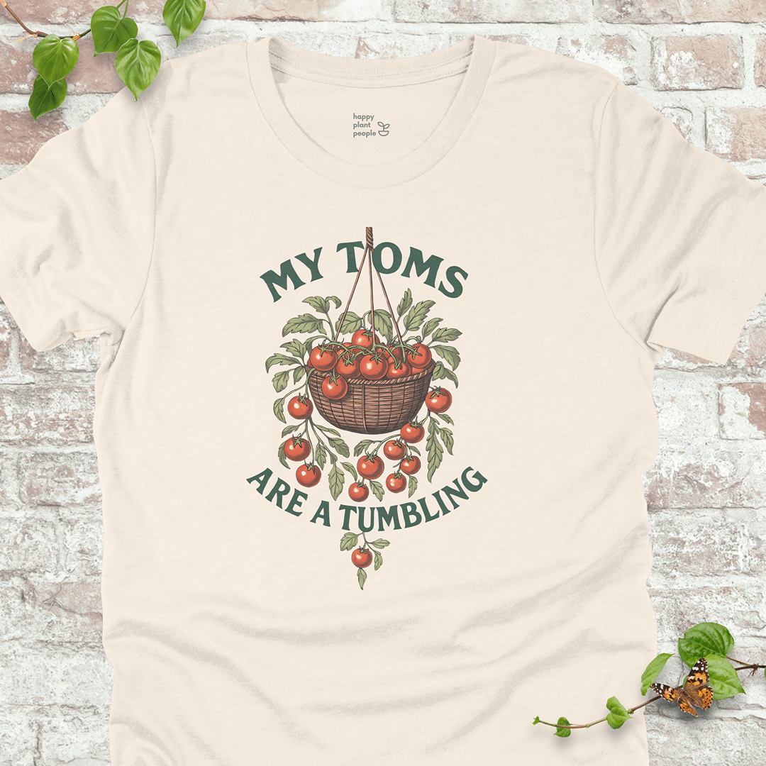 Tumbling Toms T-Shirt in Natural with hanging cherry tomato basket and the phrase 'My Toms Are a Tumbling'
