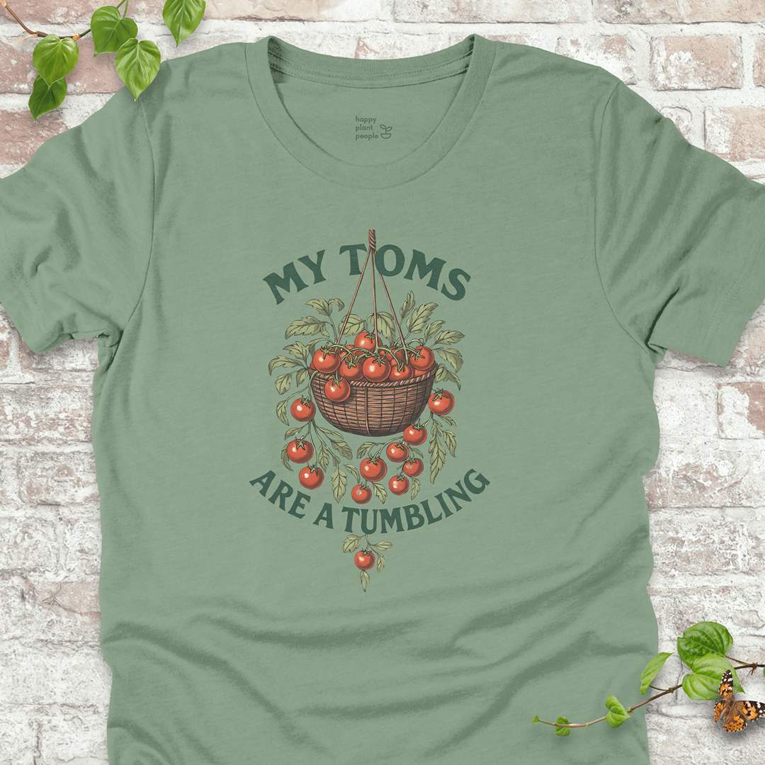 Tumbling Toms T-Shirt in Sage Green with hanging cherry tomato basket and the phrase 'My Toms Are a Tumbling'