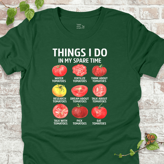 Funny tomato T-shirt in green with a grid of tomato illustrations and the phrase 'Things I Do in My Spare Time'
