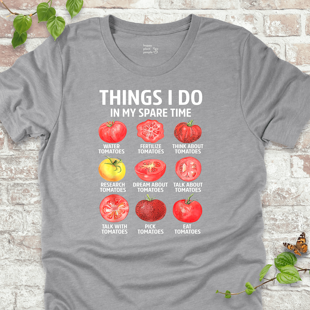 Funny tomato T-shirt in light grey featuring a grid of tomatoes and humorous gardening tasks in bold text.