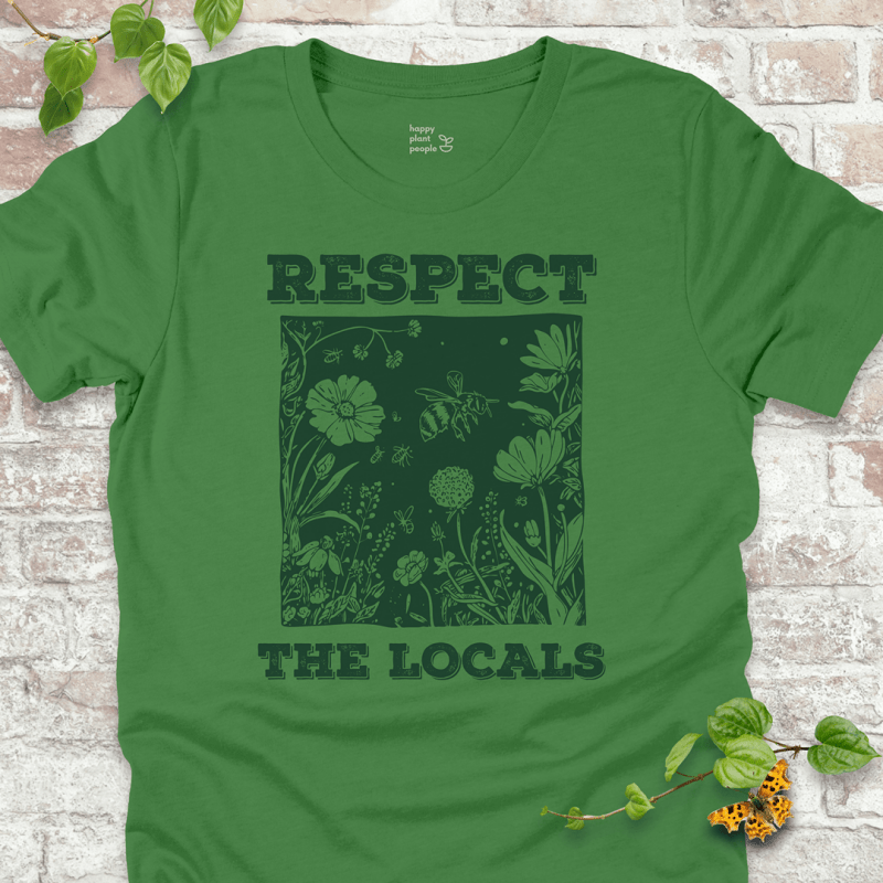 Green Respect the Locals T-shirt with wildflowers and pollinators