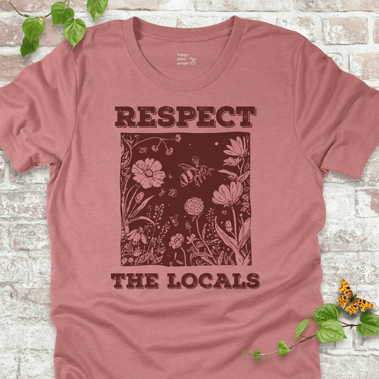 Mauve Respect the Locals T-shirt with wildflowers and pollinators