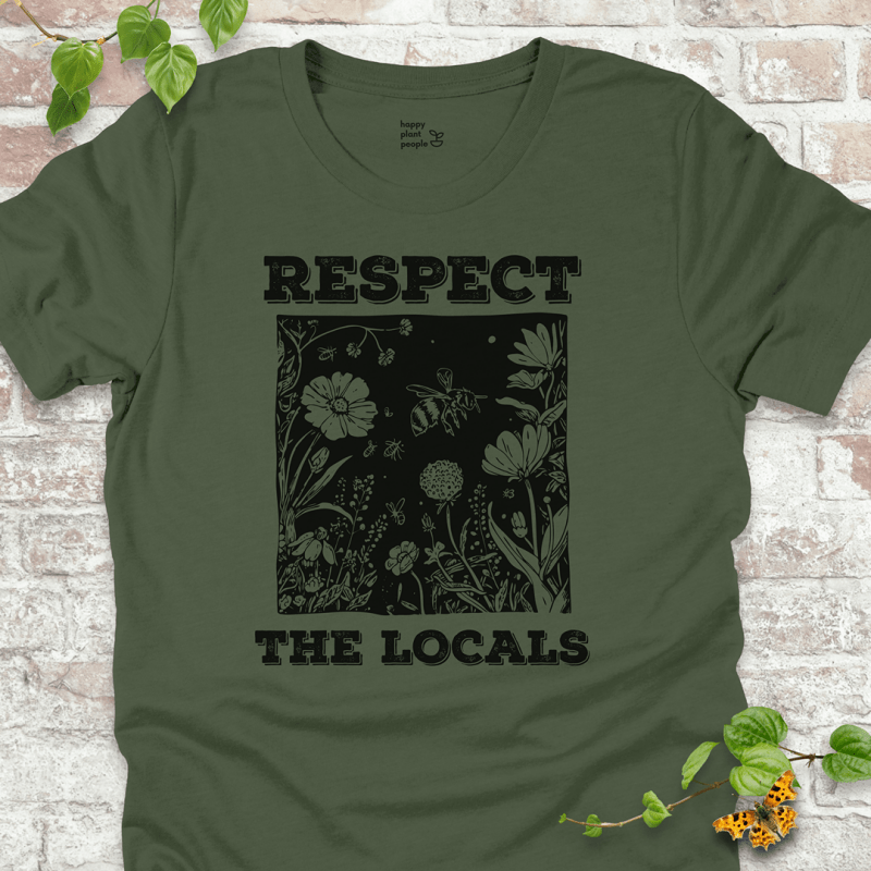 Military Green Respect the Locals T-shirt with wildflowers and pollinators