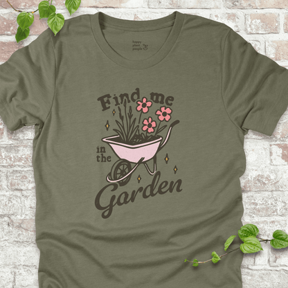 n the Garden T-Shirt – pink wheelbarrow with flowers and hand-lettered garden quote on green tee