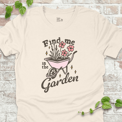 n the Garden T-Shirt – pink wheelbarrow with flowers and hand-lettered garden quote on natural tee