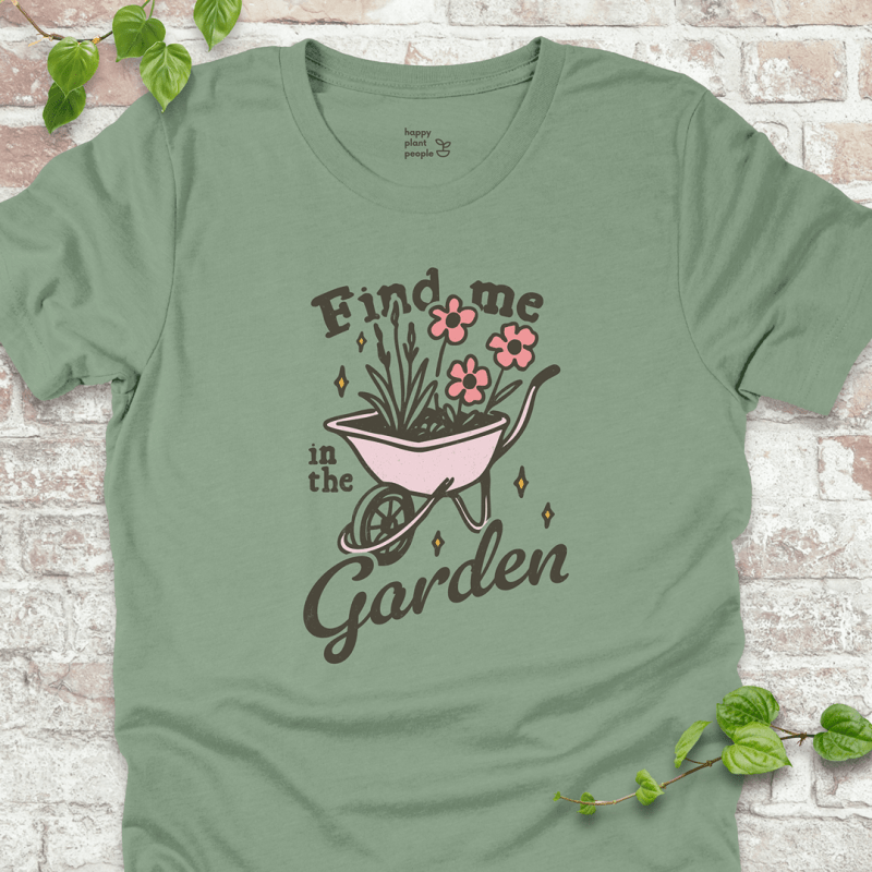 n the Garden T-Shirt – pink wheelbarrow with flowers and hand-lettered garden quote on Sage tee