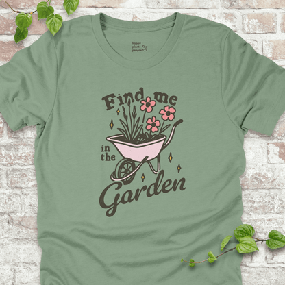 n the Garden T-Shirt – pink wheelbarrow with flowers and hand-lettered garden quote on Sage tee