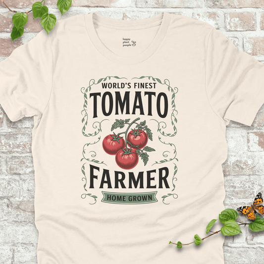 Tomato Farmer T-Shirt – heirloom tomato design with bold text on natural shirt