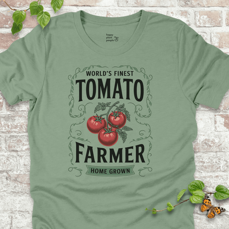 Tomato Farmer T-Shirt – heirloom tomato design with bold text on sage green shirt