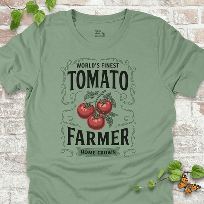 Tomato Farmer T-Shirt – heirloom tomato design with bold text on sage green shirt