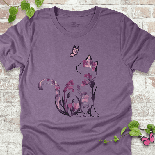 Ladies T-shirt in purple with a floral cat illustration. Whimsical garden-themed shirt for cat lovers and flower fans.