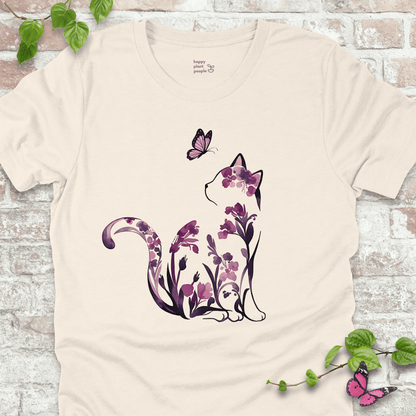 Ladies T-shirt in natural with a floral cat illustration. Whimsical garden-themed shirt for cat lovers and flower fans.