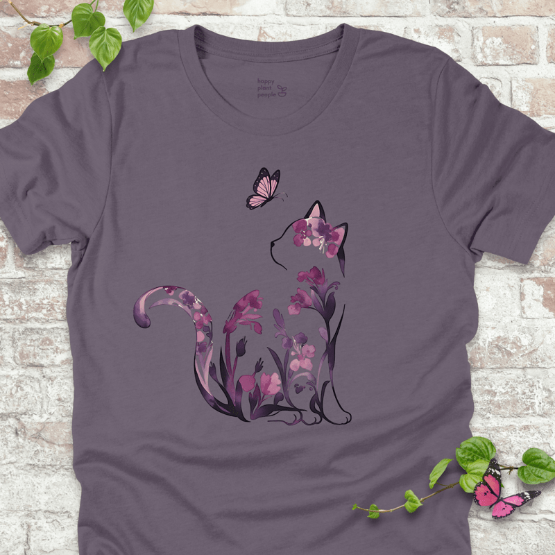 Ladies T-shirt in storm grey with a floral cat illustration. Whimsical garden-themed shirt for cat lovers and flower fans.