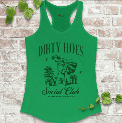 Ladies racerback tank top in bright green with “Dirty Hoes Social Club” and vintage garden tool graphic. Funny sleeveless shirt for women who love gardening.

