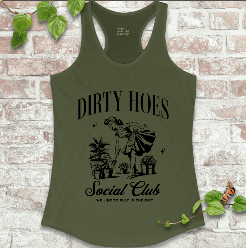 Ladies racerback tank top in military green with “Dirty Hoes Social Club” and vintage garden tool graphic. Funny sleeveless shirt for women who love gardening.


