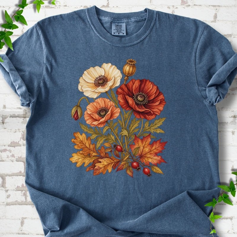 Denim blue short sleeve t-shirt with a botanical bouquet of cream, peach and deep red poppies with a seed pod, oak and maple leaves and red rose hips, printed on the chest, flat lay on white brick with ivy