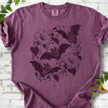Bats In Bloom botanical bat T-shirt in Berry with black bats and trumpet flowers