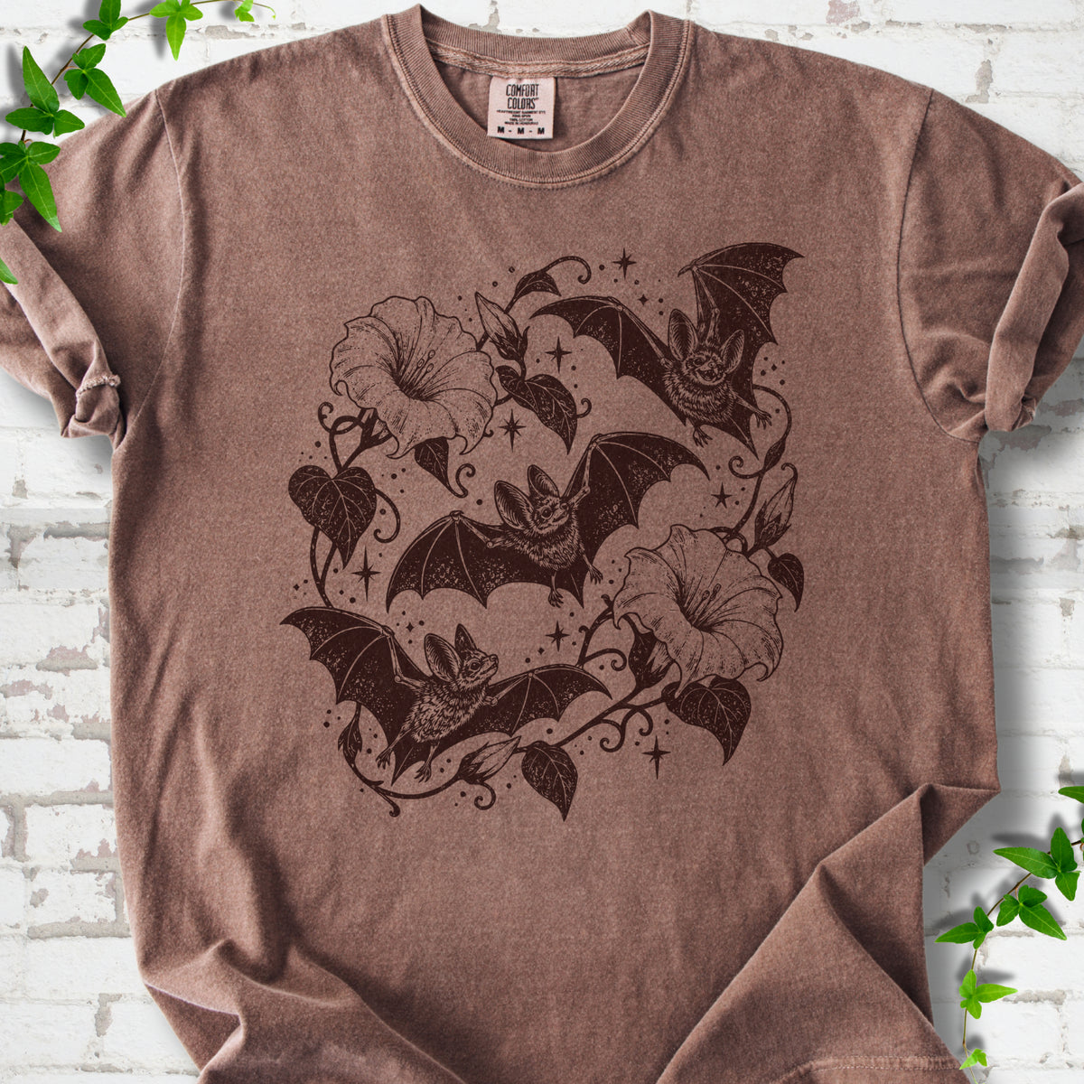 Bats In Bloom botanical bat T-shirt in Espresso with black bats and trumpet flowers