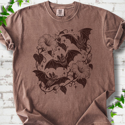 Bats In Bloom botanical bat T-shirt in Espresso with black bats and trumpet flowers