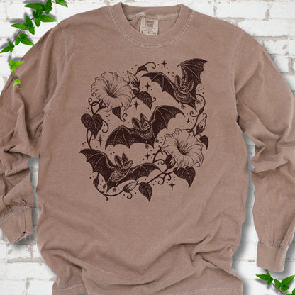 Bats In Bloom botanical bat long sleeve shirt in Espresso with black bats and trumpet flowers