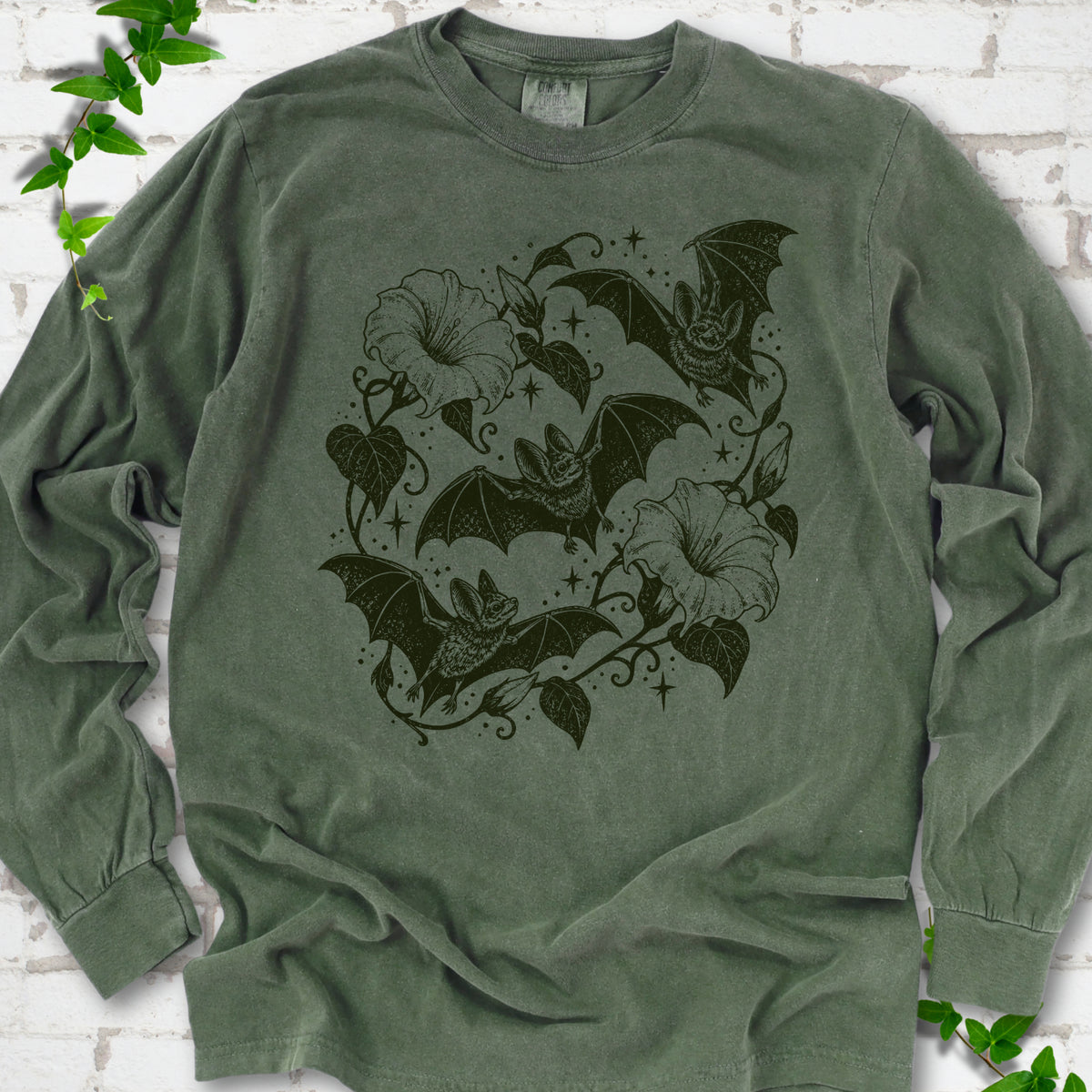 Bats In Bloom botanical bat long sleeve shirt in Hemp with black bats and trumpet flowers