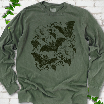 Bats In Bloom botanical bat long sleeve shirt in Hemp with black bats and trumpet flowers