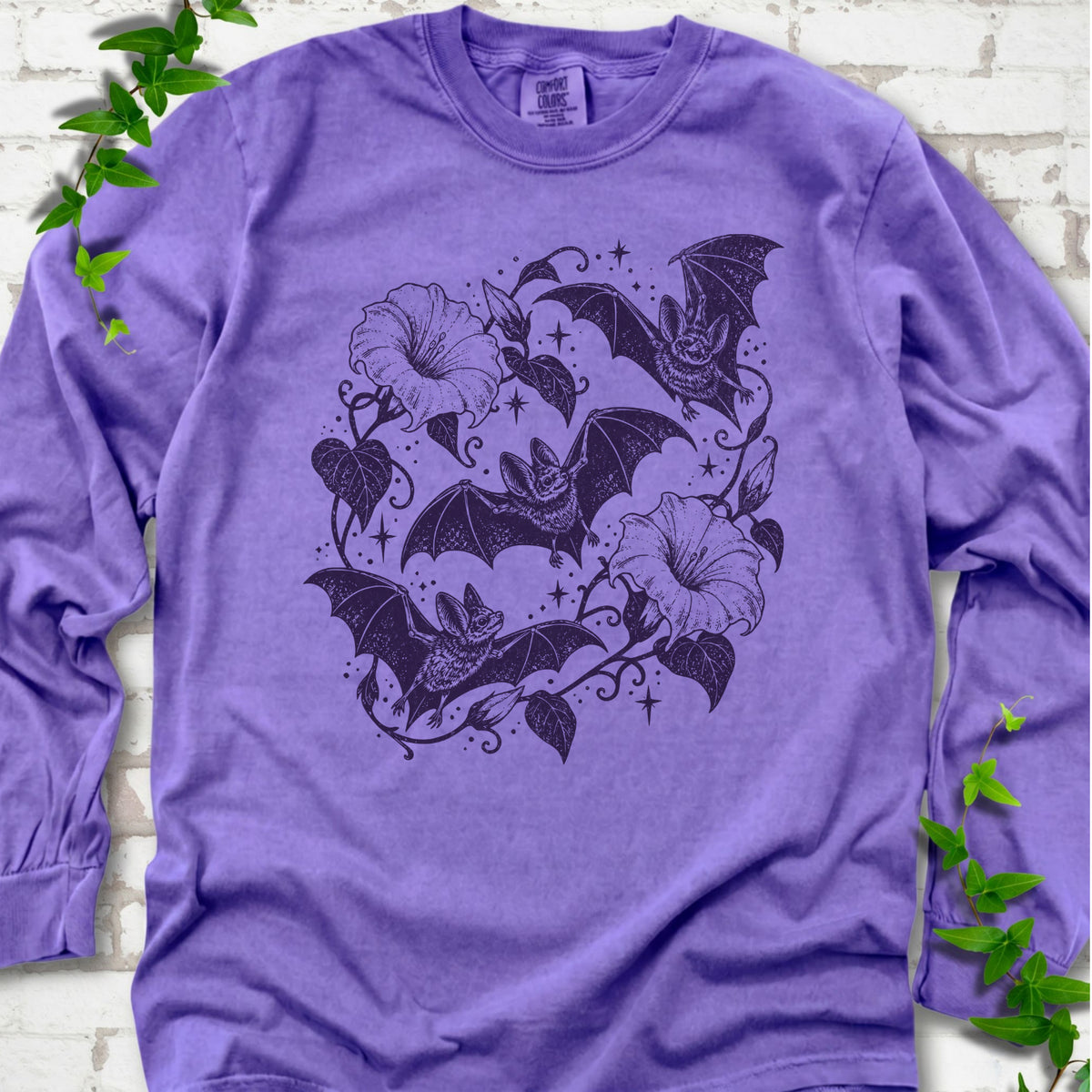Bats In Bloom botanical bat long sleeve shirt in Violet with black bats and trumpet flowers