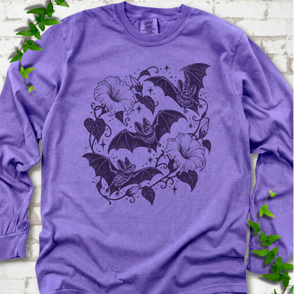 Bats In Bloom botanical bat long sleeve shirt in Violet with black bats and trumpet flowers