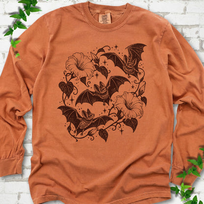 Bats In Bloom botanical bat long sleeve shirt in Yam with black bats and trumpet flowers