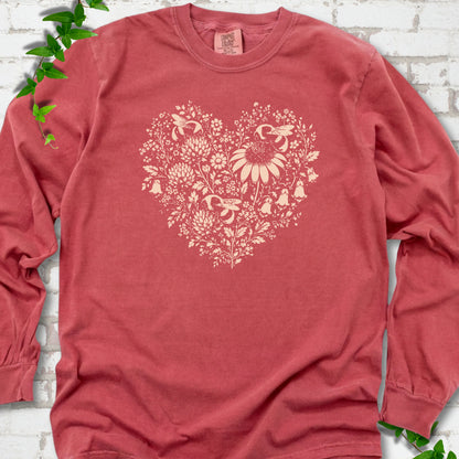 Crimson Comfort Colors® long sleeve T-shirt front mockup featuring three bumblebees among wildflowers in a heart-shaped design.