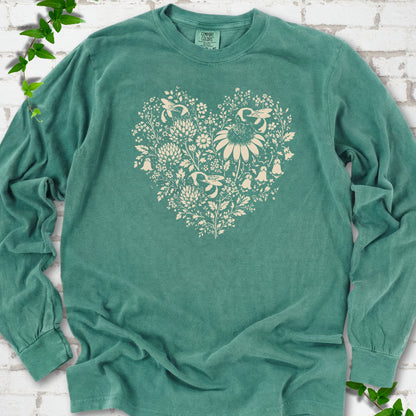 Light Green Comfort Colors® long sleeve T-shirt front mockup featuring three bumblebees among wildflowers in a heart-shaped design.