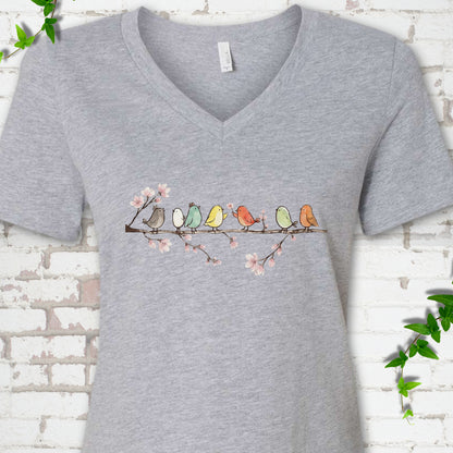 Athletic Heather Bella Canvas® V-neck T-shirt front mockup featuring watercolor-style birds on a flowering blossom branch.