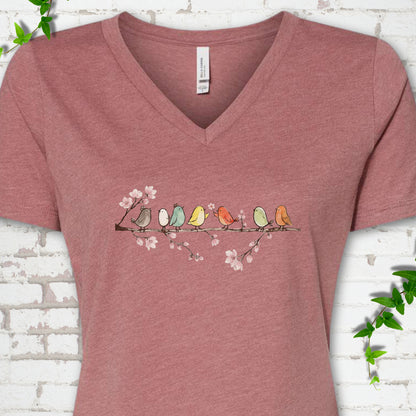 Heather Mauve Bella Canvas® V-neck T-shirt front mockup featuring watercolor-style birds on a flowering blossom branch.