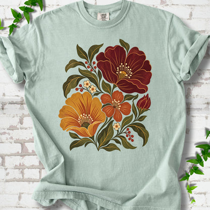 Bay T-shirt front-view mockup with a large burgundy, ochre and rust retro floral graphic.