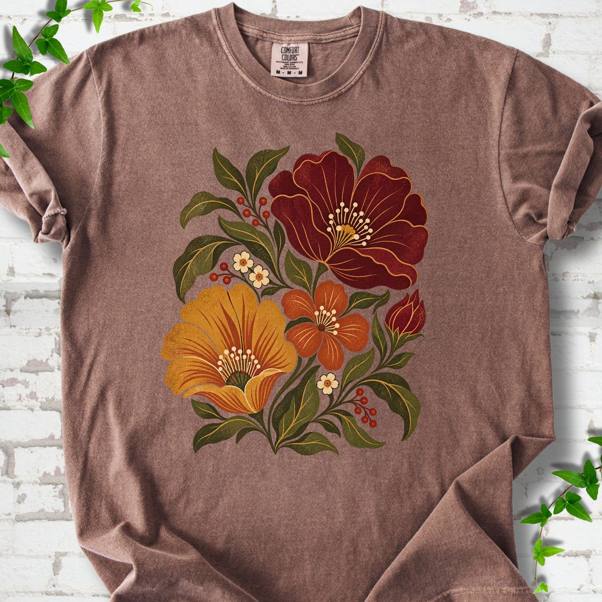 Espresso T-shirt front-view mockup with a large burgundy, ochre and rust retro floral graphic.