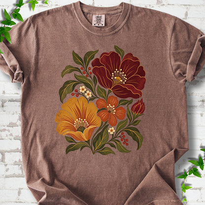 Espresso T-shirt front-view mockup with a large burgundy, ochre and rust retro floral graphic.