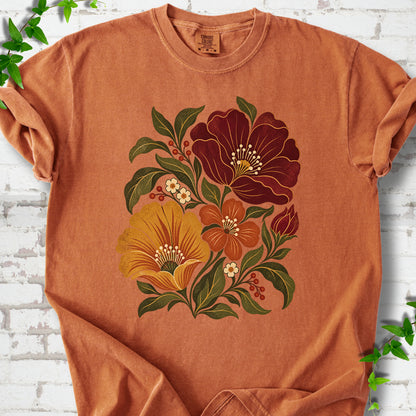 Yam T-shirt front-view mockup with a large burgundy, ochre and rust retro floral graphic.