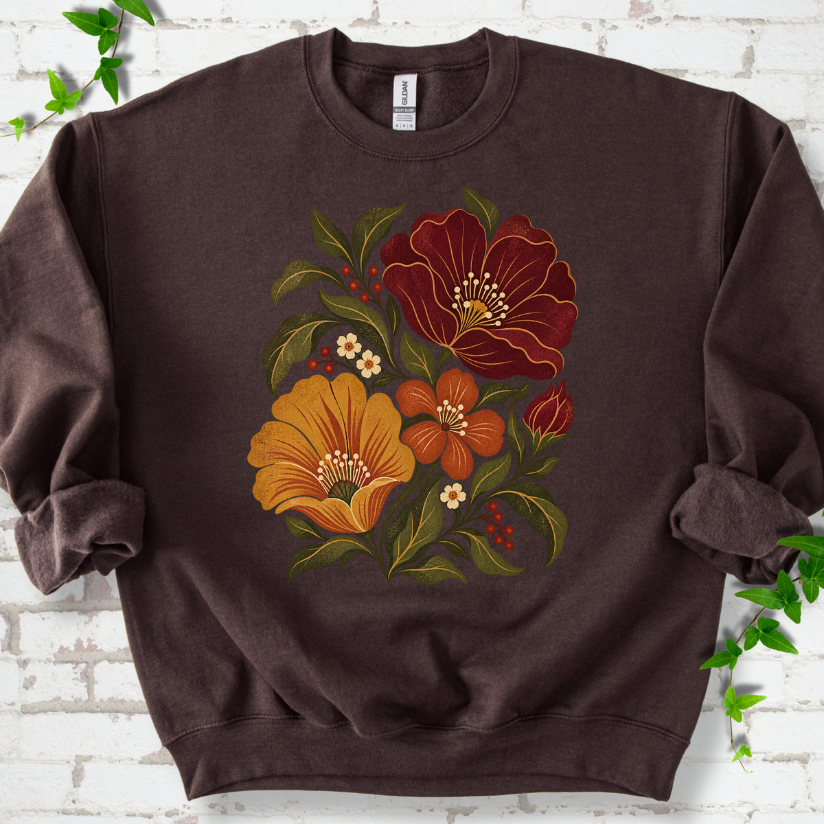 Dark Chocolate sweatshirt front-view mockup with a large burgundy, ochre and rust retro floral graphic.
