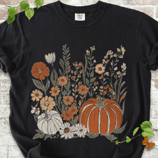 Black Comfort Colors™ T-shirt with boho wildflower pumpkin graphic