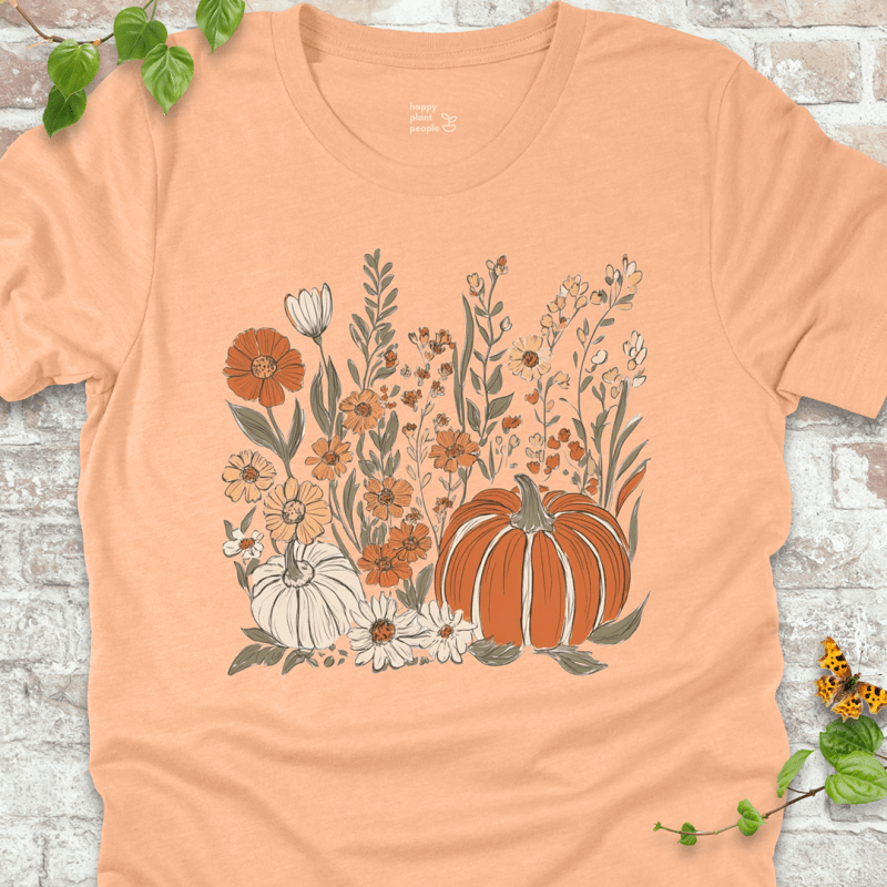 Heather Peach T-shirt with lightweight boho pumpkin and wildflower design