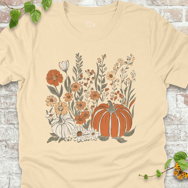 Soft Cream T-shirt with cozy vintage-style fall wildflower pumpkin graphic