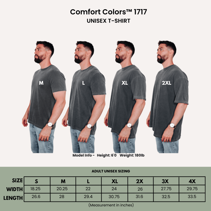 Comfort Colors™ 1717 unisex T-shirt size guide with male model wearing sizes M, L, XL, 2XL and sizing chart showing width and length measurements.