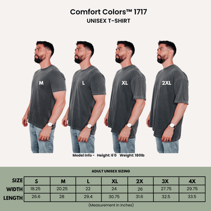 Comfort Colors™ 1717 unisex T-shirt size guide with male model wearing sizes M, L, XL, 2XL and sizing chart showing width and length measurements.