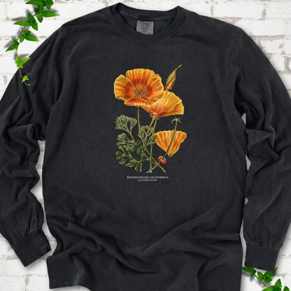 Black Comfort Colors® long sleeve T-shirt flat lay featuring a vintage botanical California poppy illustration.