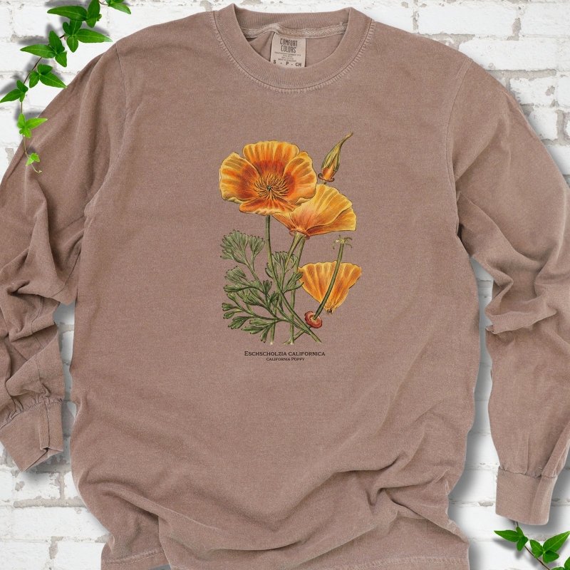 Espresso Comfort Colors® long sleeve T-shirt flat lay featuring a vintage botanical California poppy illustration.