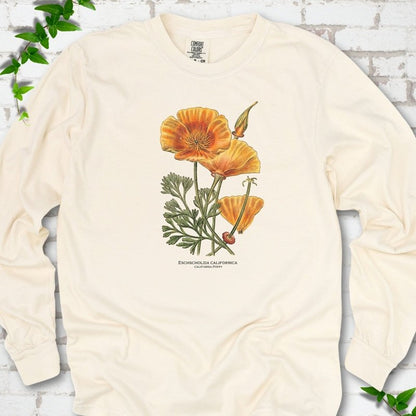 Ivory Comfort Colors® long sleeve T-shirt flat lay featuring a vintage botanical California poppy illustration.