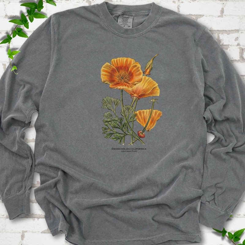 Pepper Comfort Colors® long sleeve T-shirt flat lay featuring a vintage botanical California poppy illustration.