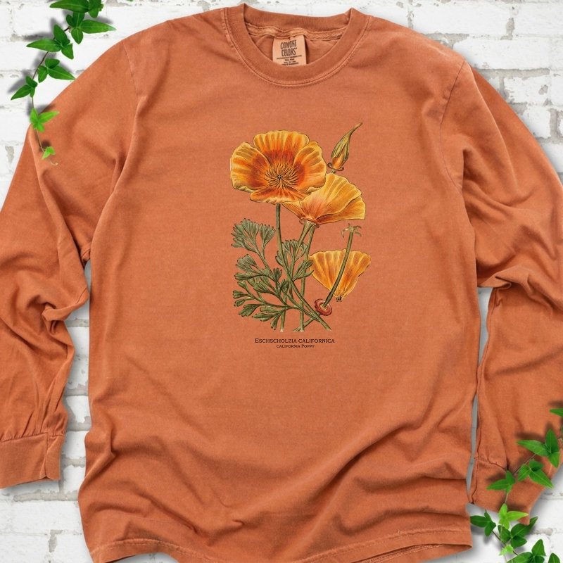 Yam Comfort Colors® long sleeve T-shirt flat lay featuring a vintage botanical California poppy illustration.