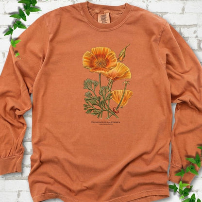 Yam Comfort Colors® long sleeve T-shirt flat lay featuring a vintage botanical California poppy illustration.